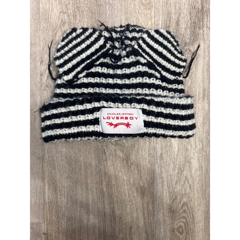 Charles Jeffrey Loverboy Black White Striped Chunky Knit Cat Ears Beanie Hat